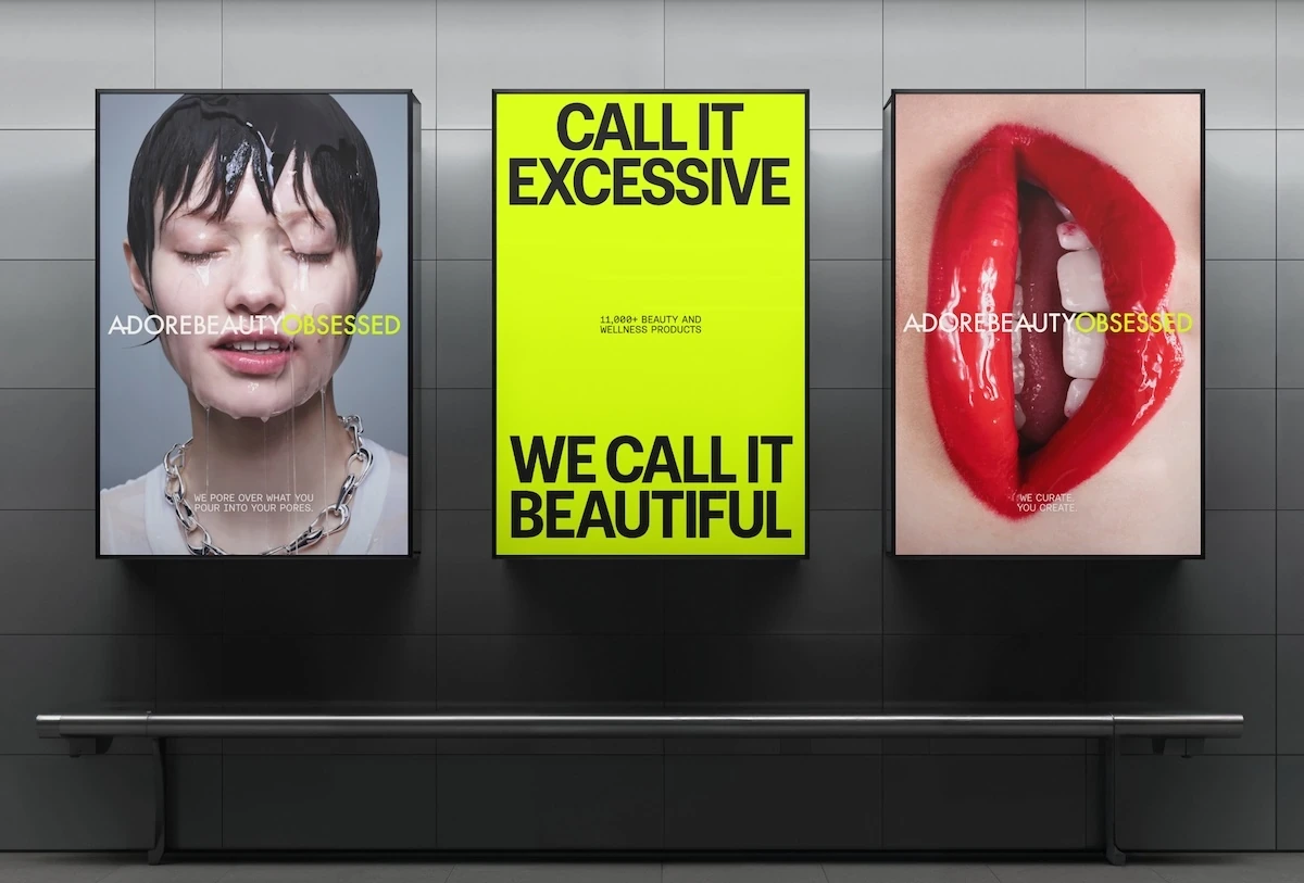 Adore Beauty Obsessed digital advertising panels featuring the message Call it excessive We call it beautiful.