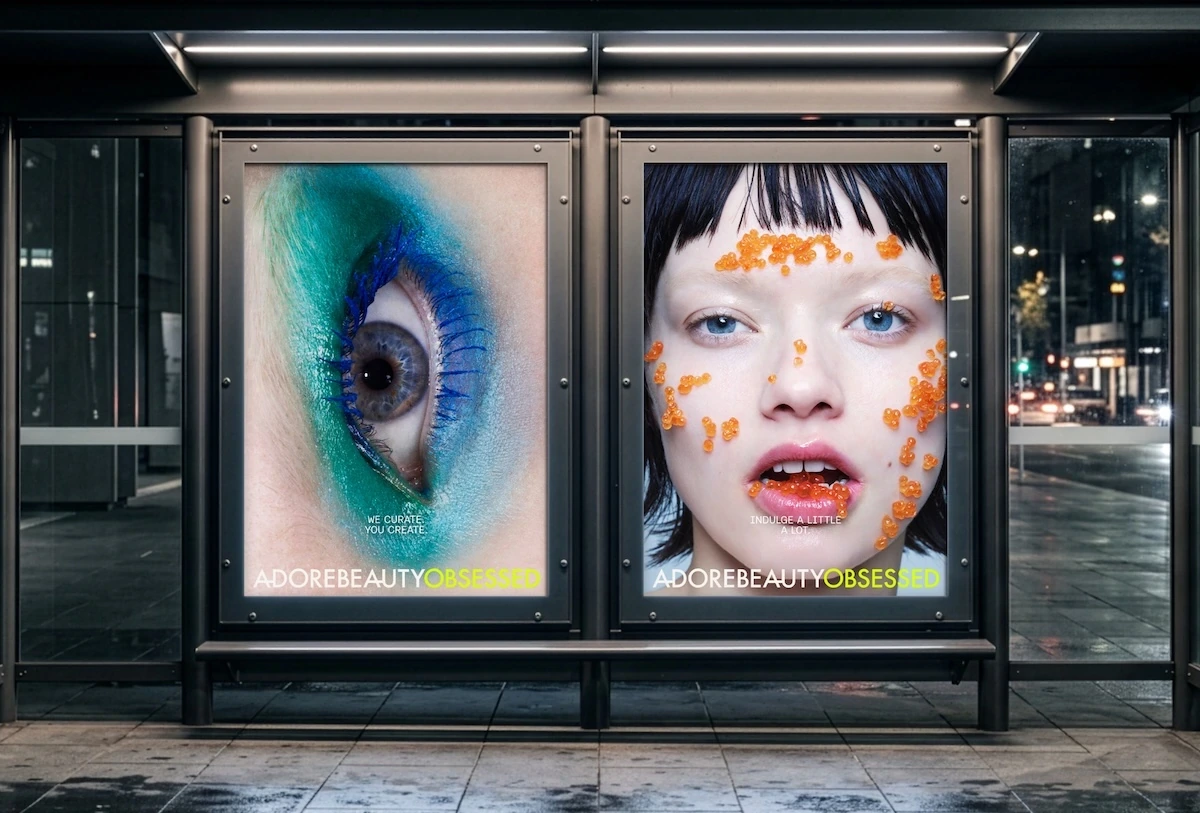 Adore Beauty Obsessed street furniture advertising featuring dramatic close-up beauty photography.