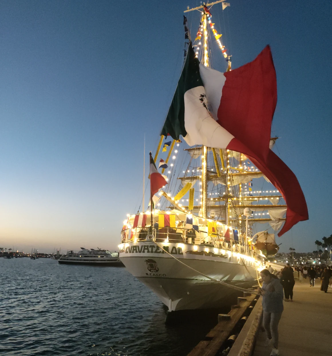 Large Mexican flag flying from the illuminated ARM Cuauhtémoc at night, symbolizing identity carried across public space.