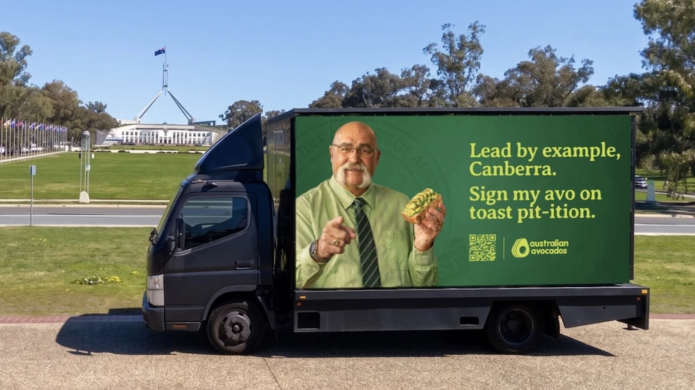 Australian Avocados mobile billboard in Canberra featuring Merv Hughes asking people to sign the avocado on toast PIT-TITION.