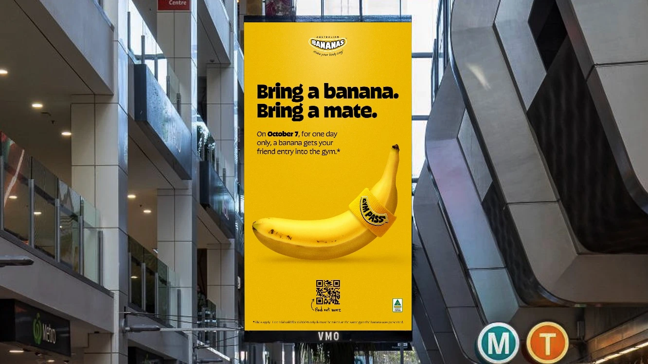 Australian Bananas digital out-of-home ad promoting Bring a banana. Bring a mate. with a banana visual on a bright yellow background.