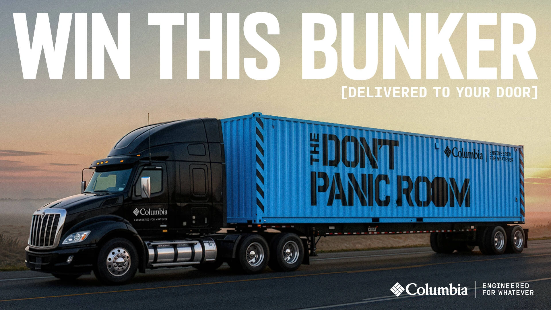 Columbia Don’t Panic Room off-grid bunker shown as a blue shipping container being transported by a truck.