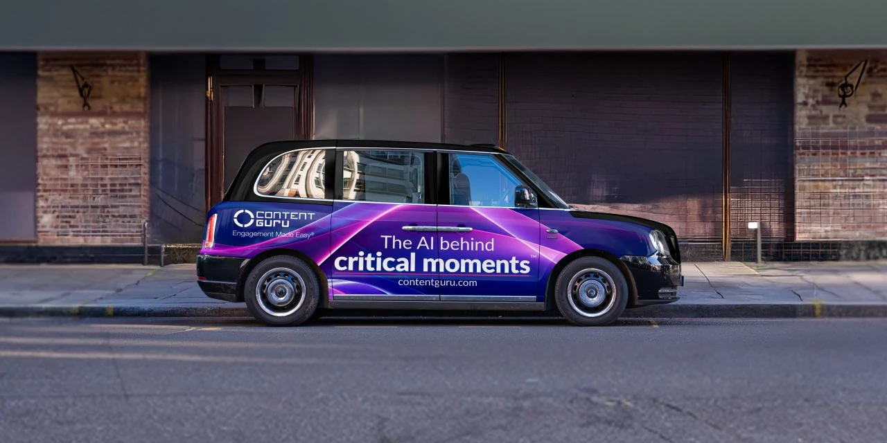 Content Guru branded London taxi featuring The AI behind critical moments message as part of a citywide OOH campaign.