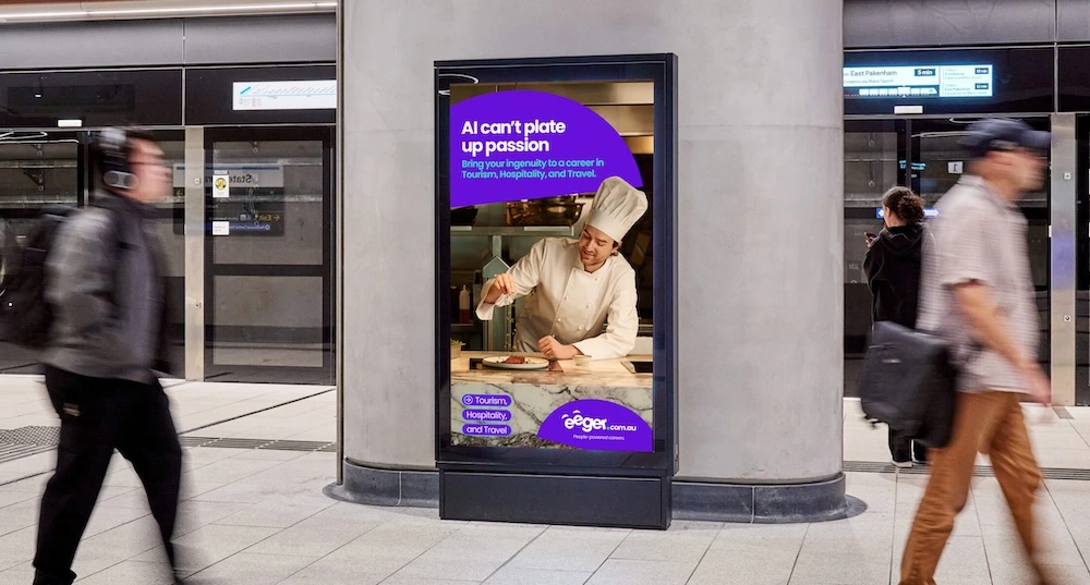 Vertical eeger digital OOH ad showing a chef plating food with the line AI can’t plate up passion.