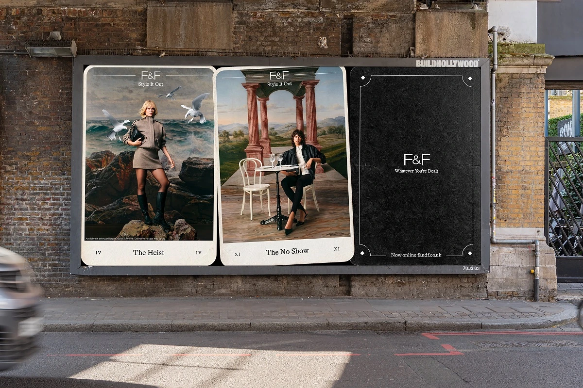 Street-level F&F Whatever You’re Dealt billboard featuring The Heist and The No Show tarot-inspired fashion cards.