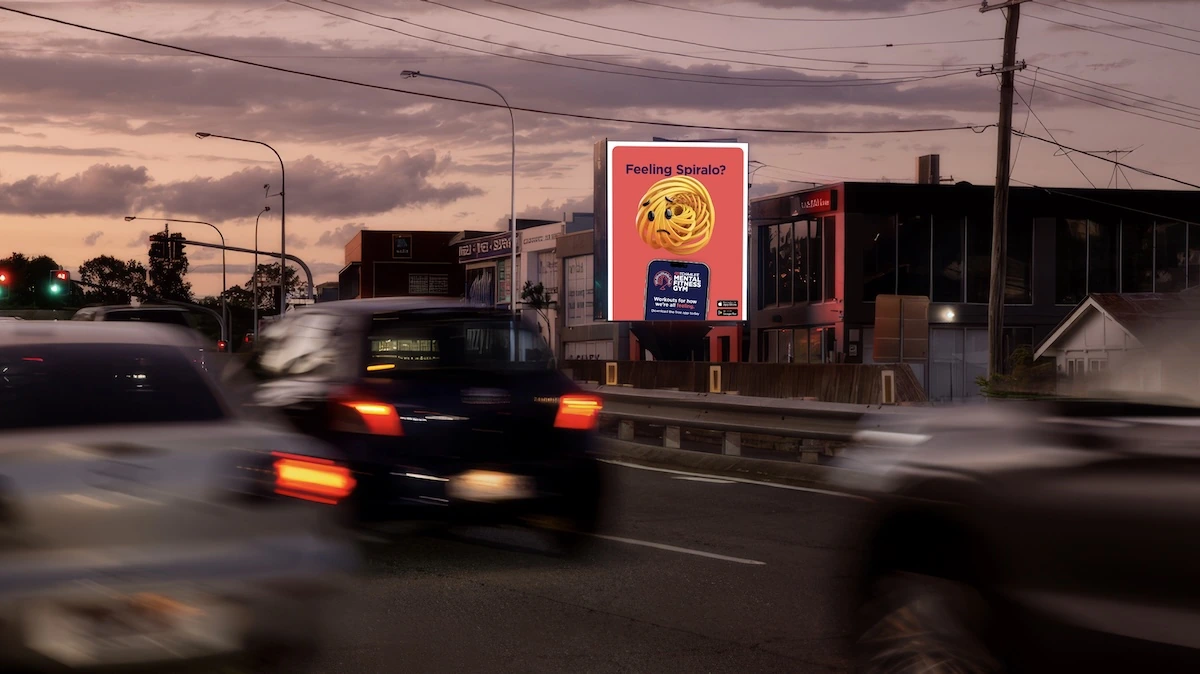 Gotcha4Life Mental Health Month OOH billboard asking Feeling Spiralo with a tangled character and Mental Fitness Gym app message.