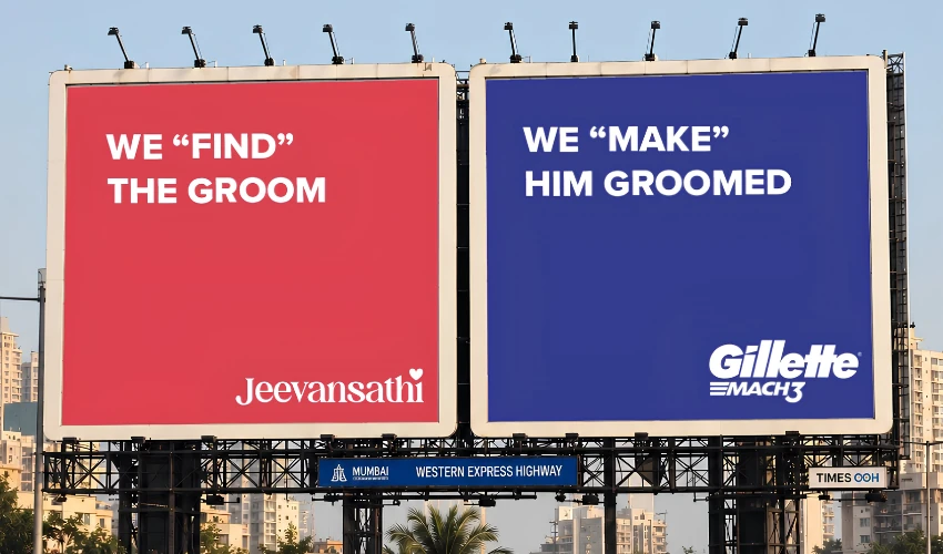 Two consecutive billboards in Mumbai connect Jeevansathi and Gillette through a wedding-themed message about finding the groom and getting him groomed.