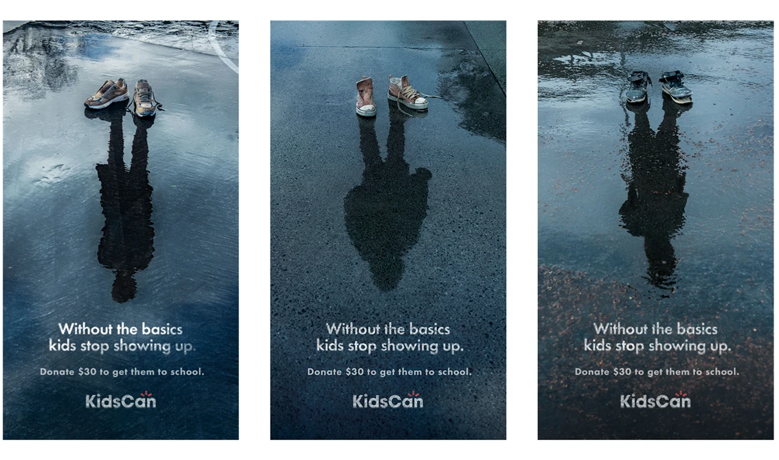 KidsCan Reflections campaign posters showing children’s shoes above reflected silhouettes to symbolize students missing school because they lack essentials.