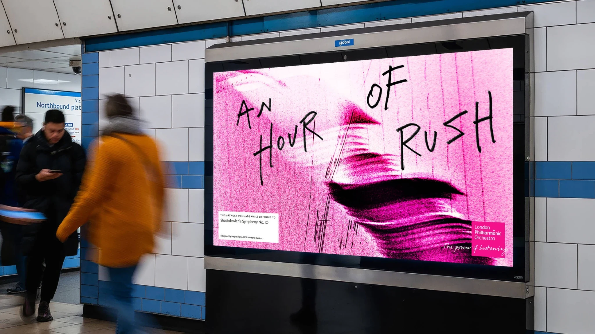 London Philharmonic Orchestra An Hour of Rush artwork displayed on a digital advertising screen in the London Underground for The Power of Listening campaign.