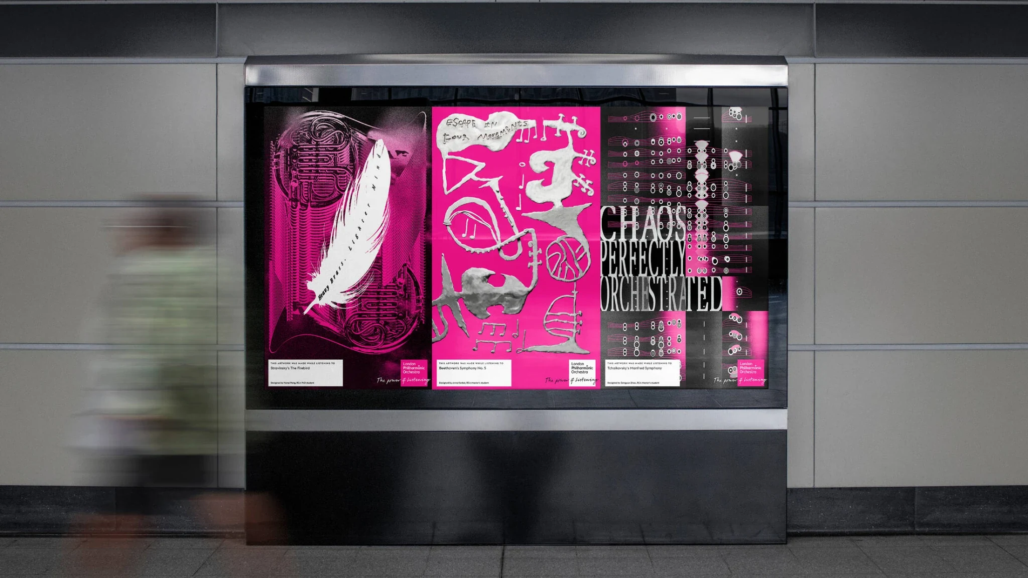Three London Philharmonic Orchestra The Power of Listening artworks displayed together in London, including pink and black music-inspired compositions.