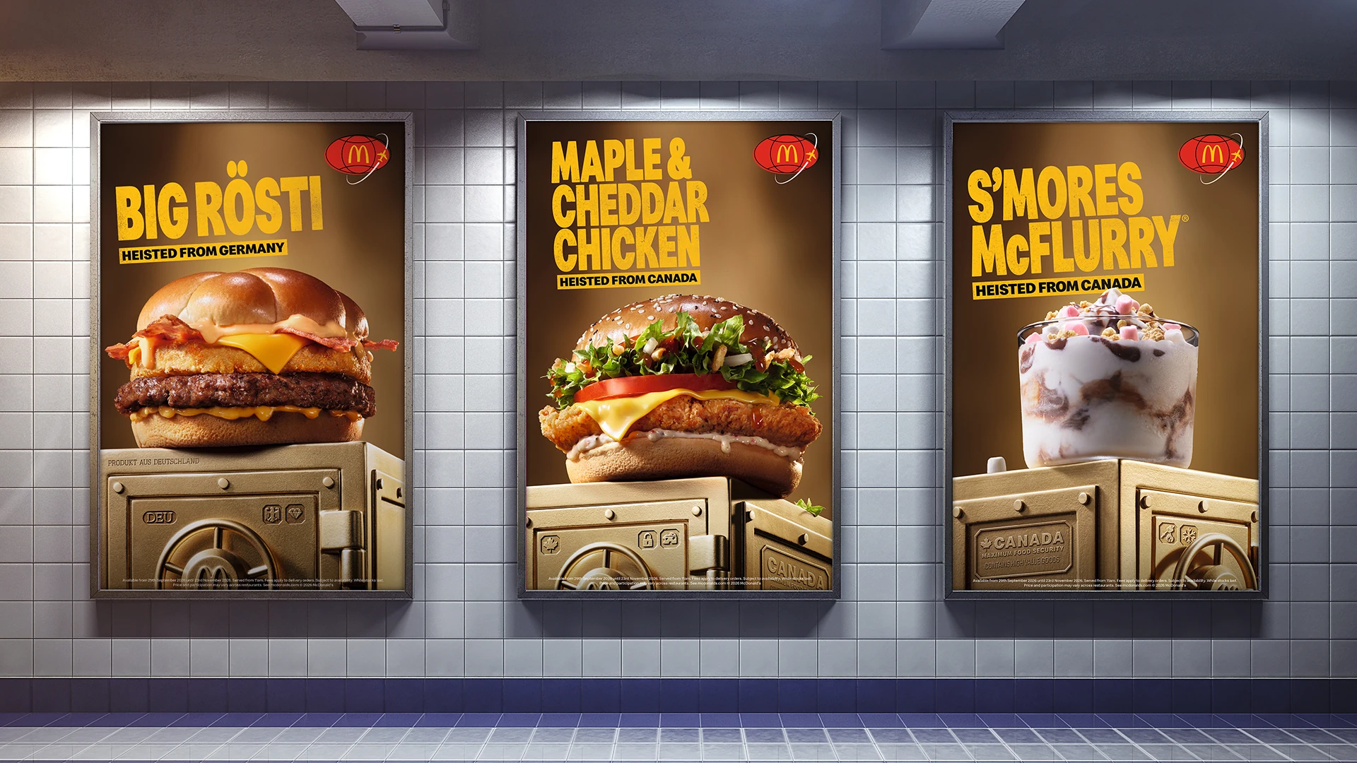 Three McDonald’s World Menu Heist OOH posters featuring Big Rösti, Maple and Cheddar Chicken and S’mores McFlurry above vault imagery.