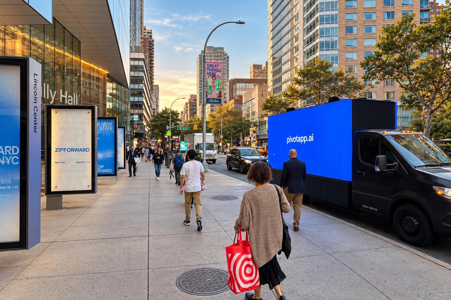 Pivot digital billboard truck traveling through Manhattan near Zip Forward event signage in New York.