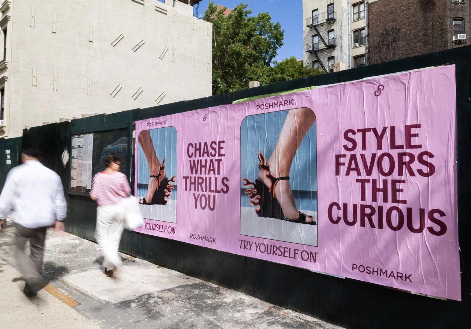 Pink Poshmark street posters featuring fashion imagery and campaign lines including Chase What Thrills You and Style Favors the Curious.