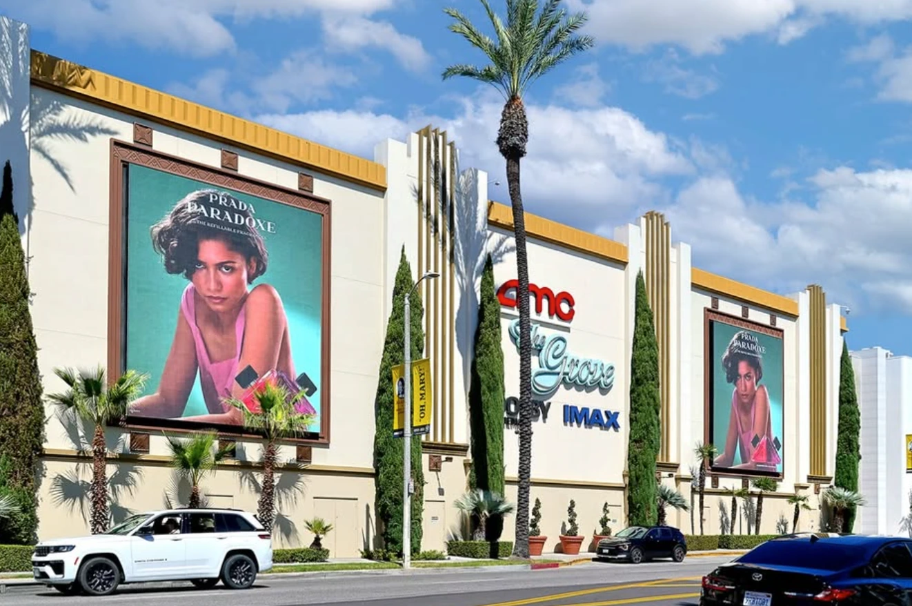 Large Prada Paradoxe fragrance billboards installed on the exterior of AMC The Grove in Los Angeles.