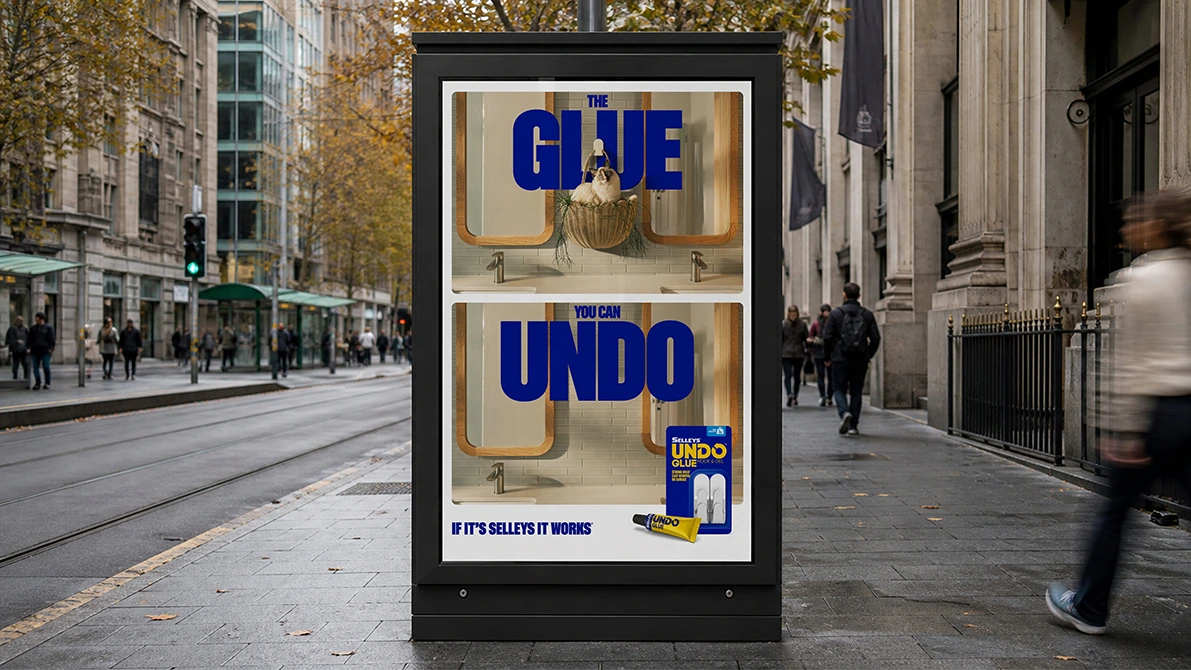 Selleys Undo Glue street furniture ad using the lines The Glue and You Can Undo with product packaging.