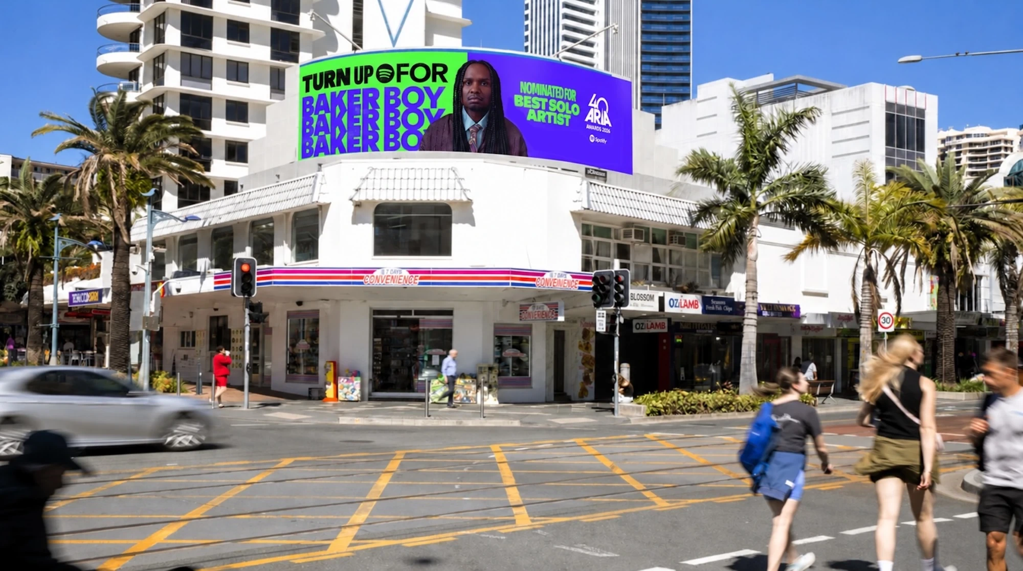 Spotify ARIA Awards 2026 curved digital billboard featuring Baker Boy nominated for Best Solo Artist.