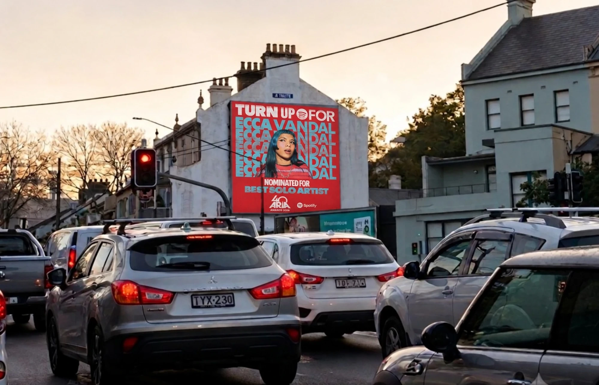 Spotify ARIA Awards 2026 street billboard featuring Ecca Vandal nominated for Best Solo Artist.