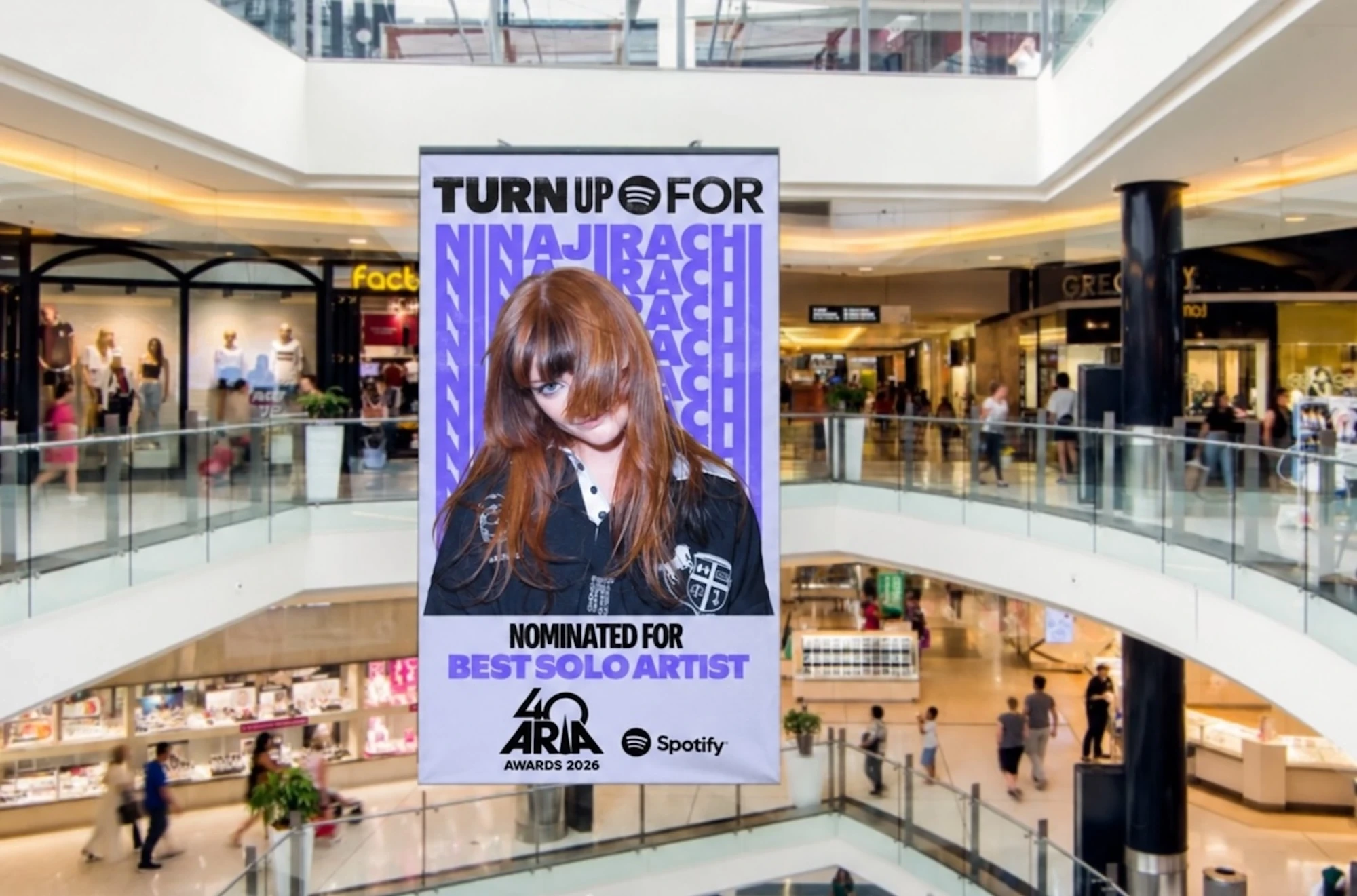 Spotify ARIA Awards 2026 retail OOH display featuring Ninajirachi nominated for Best Solo Artist.