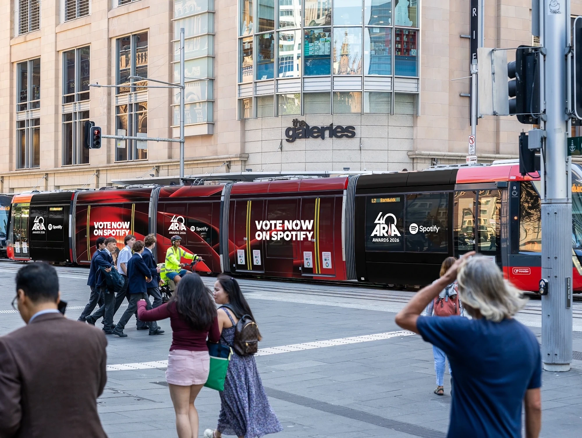 Sydney Light Rail wrapped in Spotify ARIA Awards 2026 advertising with the message Vote Now on Spotify.