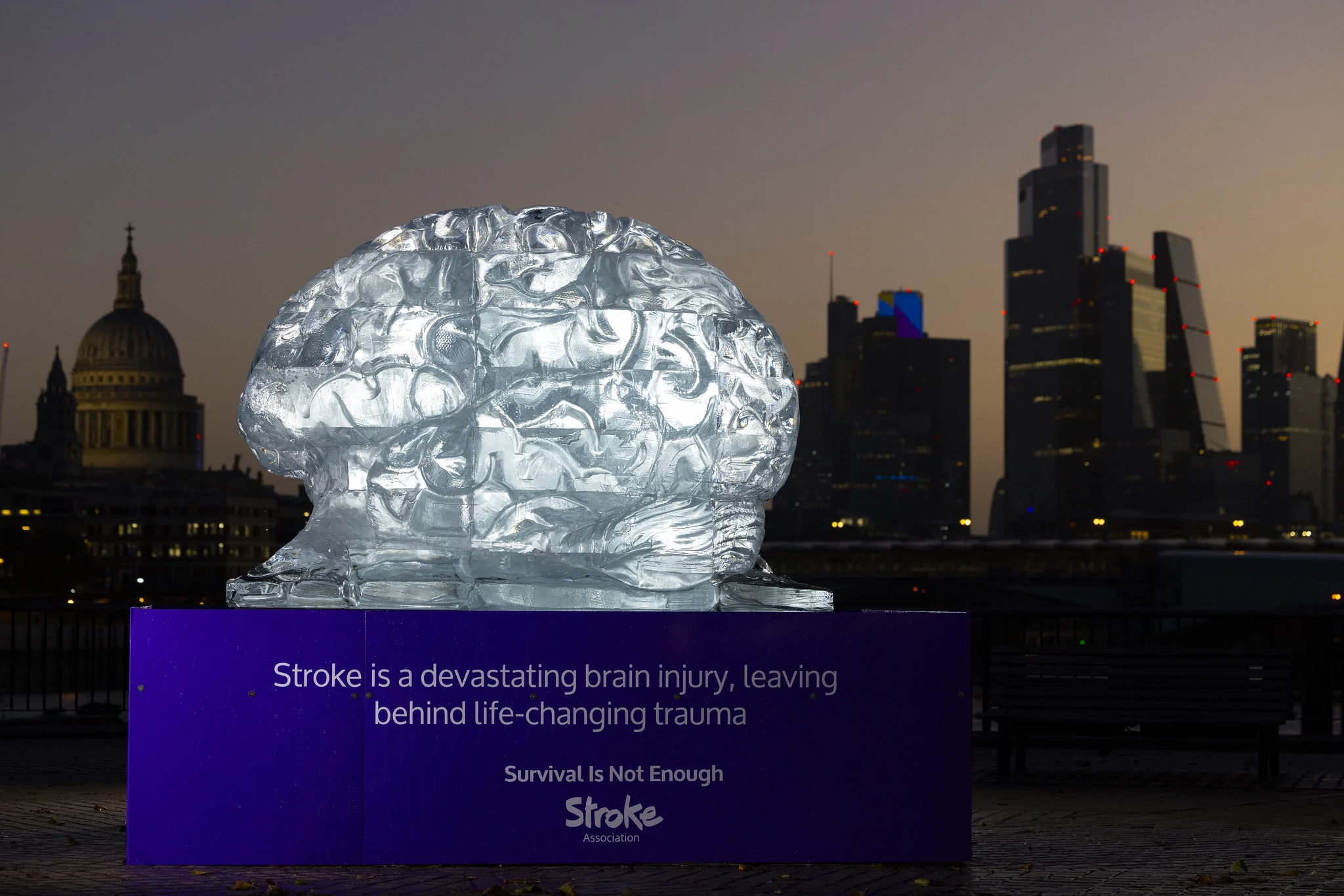 Illuminated ice brain on purple Stroke Association Survival Is Not Enough plinth in London at dusk, with St Paul's Cathedral visible behind.