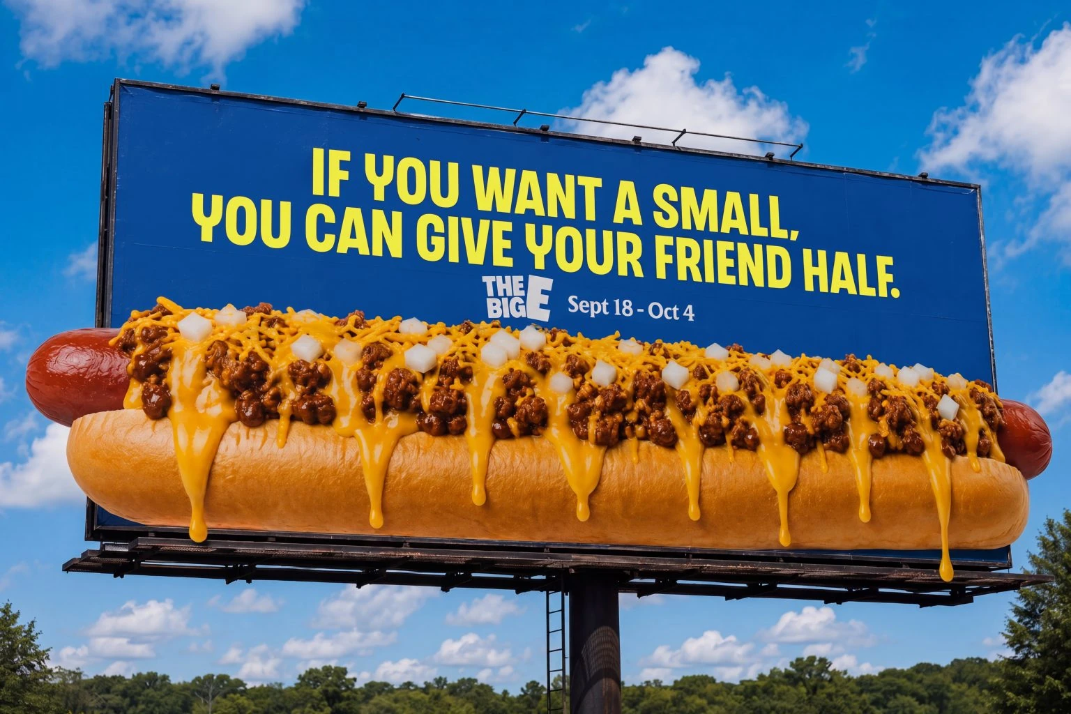 The Big E Unexpect Everything billboard featuring an oversized chili cheese hot dog beneath the headline If you want a small, you can give your friend half.