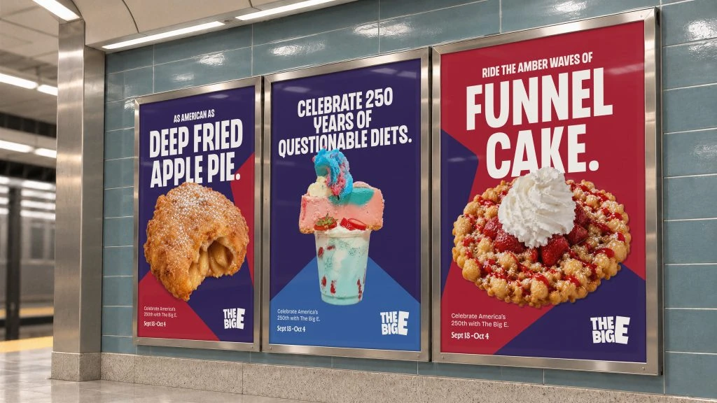 The Big E Unexpect Everything campaign displayed across three outdoor-style posters featuring deep-fried apple pie, an oversized dessert and funnel cake.