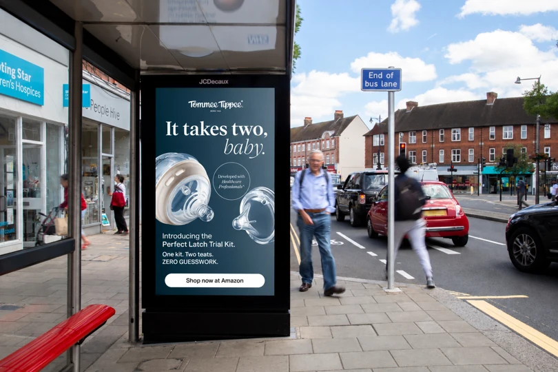 Tommee Tippee It Takes Two Baby bus shelter OOH advertisement in the UK promoting the Perfect Latch Trial Kit.