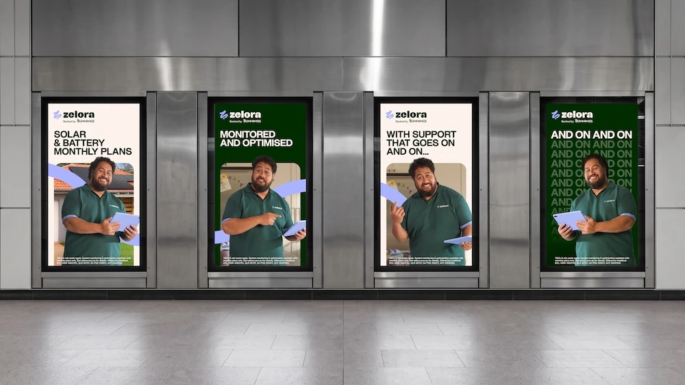 Zelora digital OOH panels featuring Gary and benefit-led messaging about solar and battery plans, optimisation and long-term support.