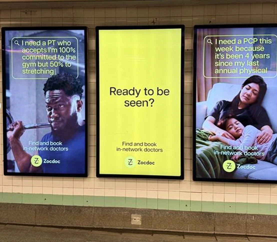 Zocdoc subway campaign with three digital panels featuring doctor search queries and the line Ready to be seen.