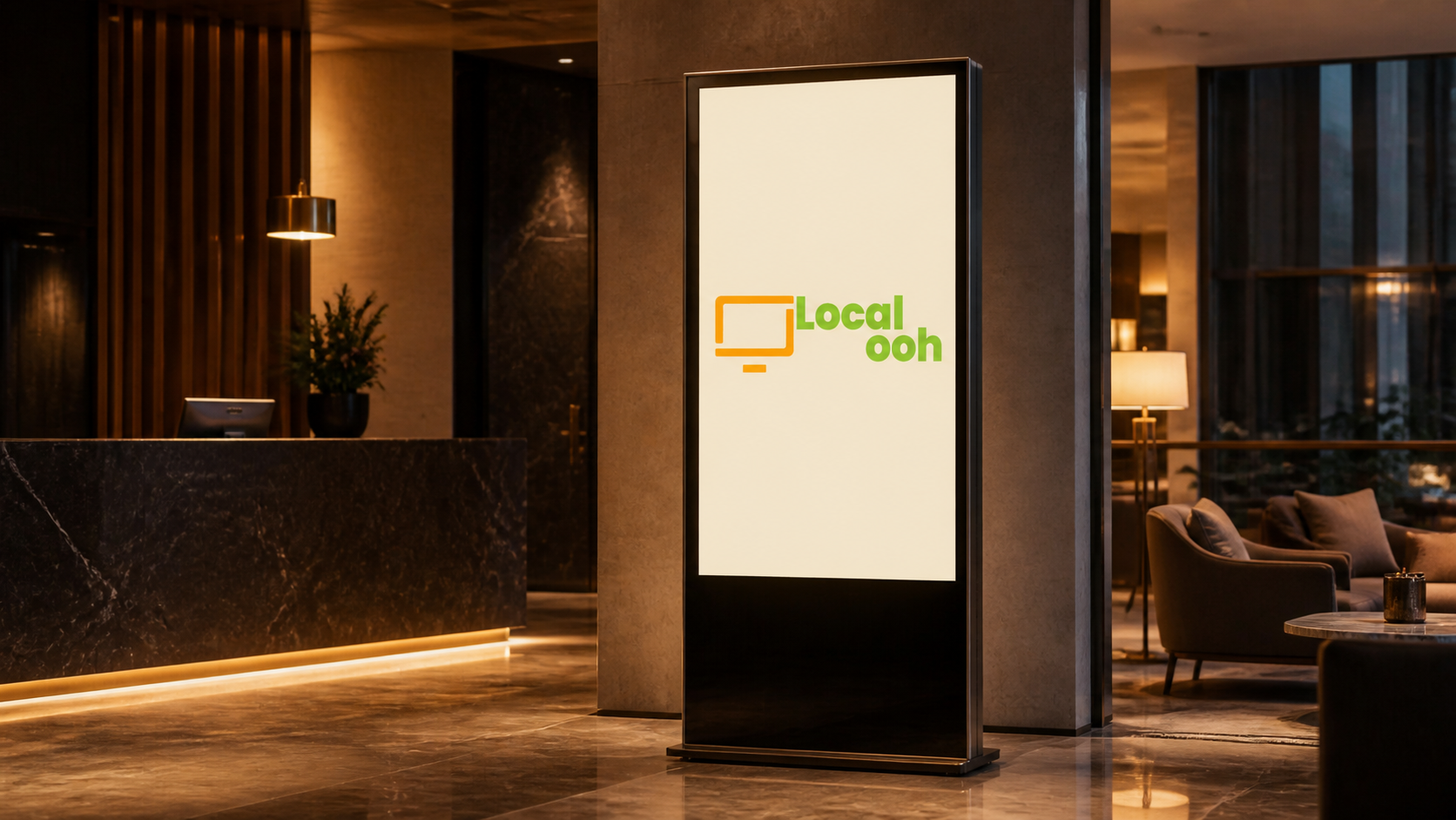 Illustrative Local OOH digital totem in a hotel lobby