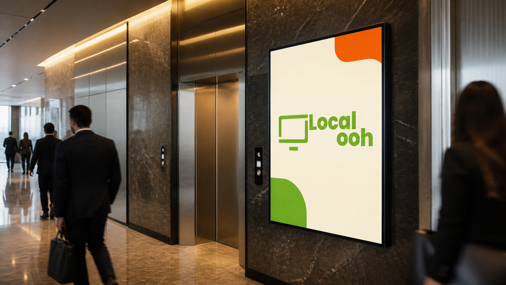 Illustrative Local OOH digital display in an office elevator lobby