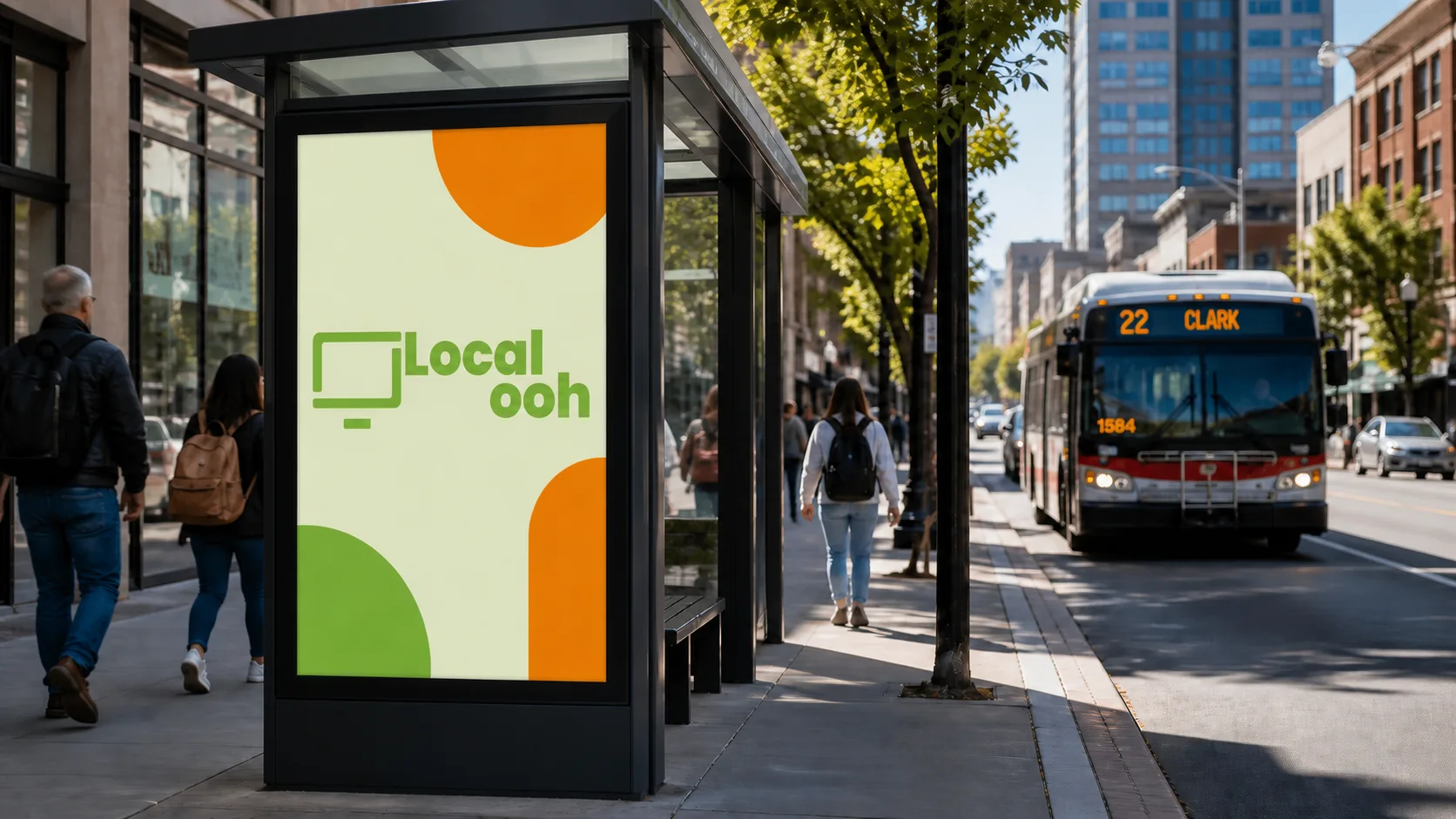Illustrative digital street furniture advertising context in Austin; not an available media location.